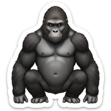cinematic-friendly relaxed gorilla-realistic-full-body-crouched on all fours-emoji,-poised-with-confidence,-massive-arms-hanging-slightly-forward,-head-tilted-thoughtfully,-thick-black-fur,-deep-dark-eyes-full-of-intelligence,-simplified-yet-realistic sticker