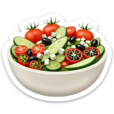 mediterranean salad bowl object icon, tomatoes, cucumbers, olives, feta cheese, olive oil dressing, 3D cartoon, mobile game icon style, clean background, no text, no watermark
 sticker