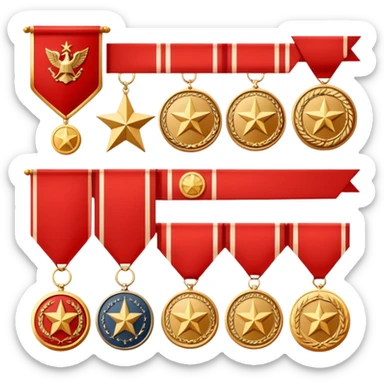 Icon for Collecting Orders, Medals & Badges: a variety of vintage orders, medals and badges, displayed neatly on a big red pennant. The icon should reflect the honor and historical significance of these collectible items. Transparent background. sticker