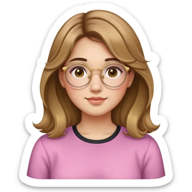 young adult woman with light skin, round face, prominent cheeks, medium plump body, long light brown hair with golden highlights, voluminous and wavy, long bangs over eyebrows, large octagonal glasses with thin golden or light pink frame, casual dark shirt sticker
