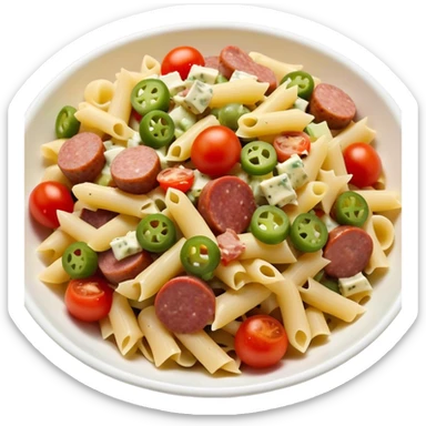 Pasta salad with chopped sausage, chopped gherkins, chopped cocktail tomatoes and mayonnaise  sticker