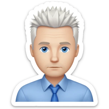 40 yr old white man short white spike hair dress shirt blue eyes no smile sticker