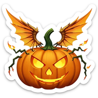 a scary flying winged pumpkin with poisonous shards with claws and a dangerous face, emiting fire from its ears and hands sticker