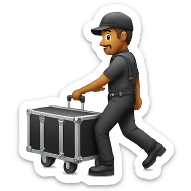 Stagehand pushing a road case on wheels with handles sticker