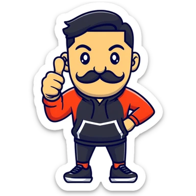 Recep İvedik in famous thumbs up pose, mustache, unibrow, wearing sportswear, exaggerated facial expression sticker