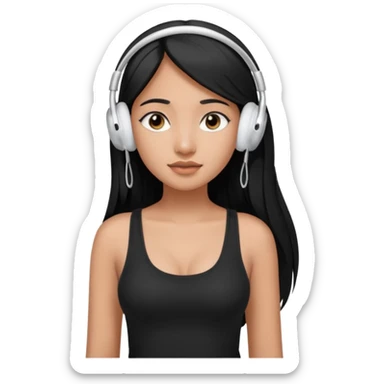 a fair indian girl with straight black long hair, wearing a black cami top. and wearing silver airpods max headphones on sticker