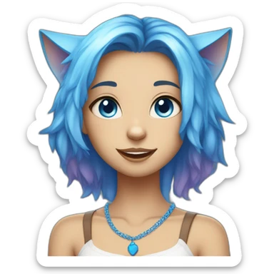 Tan skinned cat girl with blue hair, cat ears, white top, blue necklace and blue eyes sticker