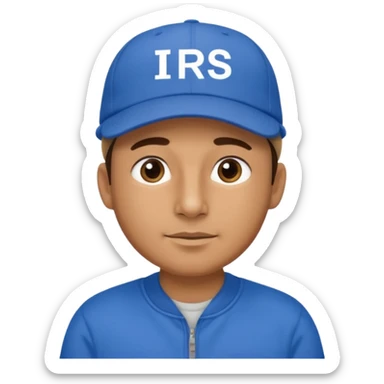 a man dressed in blue with a cap on that says IRS sticker
