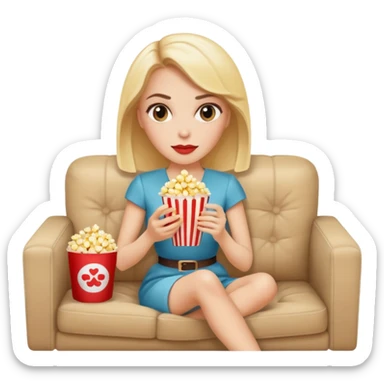 Stylish white woman with makeup watching tv with popcorn on beige couch sticker