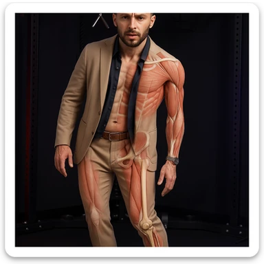 Realistic man standing in a gym, pose as in the reference, pelvis tilted, knee in valgus, and pronated foot. Visible skin and muscles, some translucent areas partially showing bones and joints involved (pelvis, knee, foot). Natural expression, clothing similar to the reference, hyperrealistic 4K details, gym environment. Variant 1. sticker