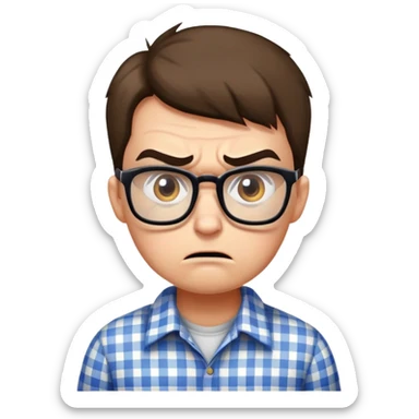 A rigid, tense person looking angry and slightly scared, wearing glasses and a checkered shirt sticker