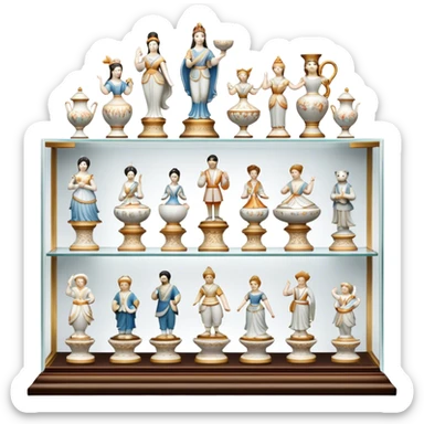 Icon for Porcelain Figurine Collecting: a collection of delicate porcelain figurines, such as animals, dancers, and historical characters, displayed on a shelf or in a display case. The icon should convey the elegance and artistry of collecting porcelain statues. Transparent background. sticker