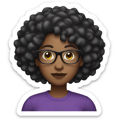 a black woman with black curly hair with glasses and a purple shirt sticker