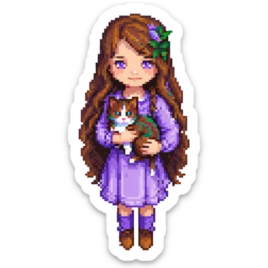 Add a park background to the scene with a girl with long, wavy brown hair, brown eyes, purple clothes, holding a three-color cat in pixel art style. sticker