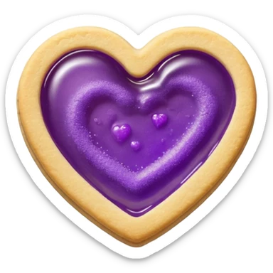 Realistic shortbread cookie in the shape of a heart with violet jelly middle filling and sprinkled powder sugar on top. sticker