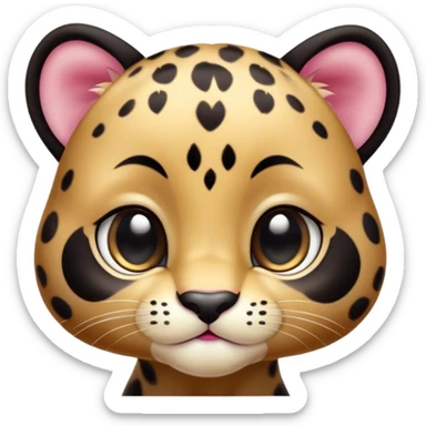 Cinematic Cute Baby Panther Portrait Emoji, Head tilted playfully and inquisitively, with a delightfully compact form accented by soft, velvety fur and round, sparkling eyes filled with wonder, Simplified yet irresistibly adorable features, highly detailed, glowing with a warm, inviting glow, high shine, affectionate and lively, stylized with a touch of whimsical cuteness, bright and endearing, soft glowing outline, capturing the essence of a mischievous yet loving baby panther that seems as if it could tumble out of the screen into your arms! sticker