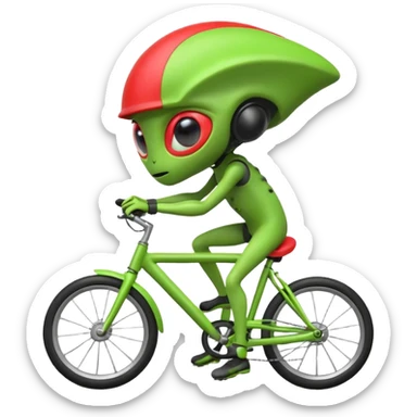 alien riding a bicycle, cute extraterrestrial character, casual cycling pose, big curious eyes, futuristic yet playful vibe, 3D cartoon, mobile game icon style, clean background, no text, no watermark
 sticker