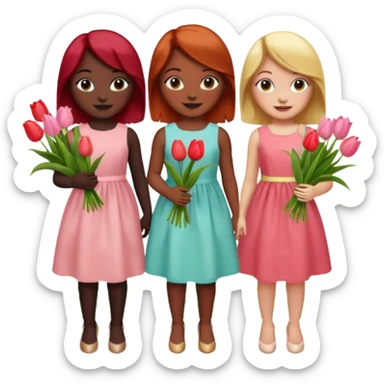 girls at a garden party wearing pastel dresses and holding tulips, one is black, one is blond, one has brown hair, one has red hair sticker