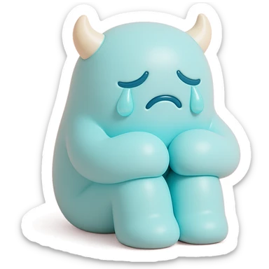 sad monster sitting with its knees up, crying, small horns, pastel color palette, no background, vinyl figure style sticker