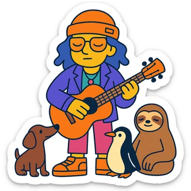 sleepy, creative musician with cool fashion, holding a guitar, surrounded by dachshund, penguin, and sloth sticker