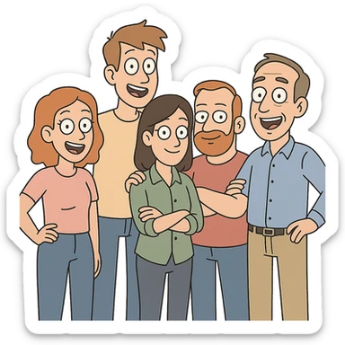 five white people standing together as a team, playful cartoon style sticker