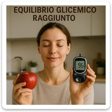 close-up of a woman with serene expression holding an apple and a glucometer with normal values, natural light, modern kitchen background, Italian text 'Equilibrio glicemico raggiunto', 4K quality sticker