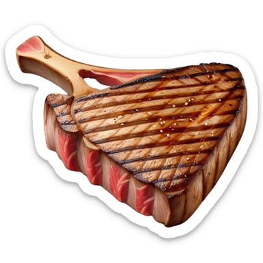 Cinematic thick-cut t-bone steak, perfectly seared with grill marks, a grilled center, rich and savory, warm glow, sizzling and mouthwatering, highly detailed and appetizing. sticker