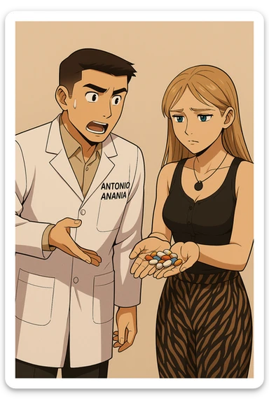 fai un webtoon/manga a colori con questo kinesiologo in camice bianco (fagli la scritta "ANTONIO ANANIA" SUL CAMICE) CHE PARLA CON QUESTA RAGAZZA CON GLI OCCHI AZZURRI. la ragazza gli fa una domanda e IL KINESIOLOGO CON IL CAMICE BIANCO LE risponde. NON FARE I FUMETTI, FAI SOLO LORO COME SE DIALOGASSERO sticker