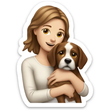 White girl with brown hair holding dog sticker
