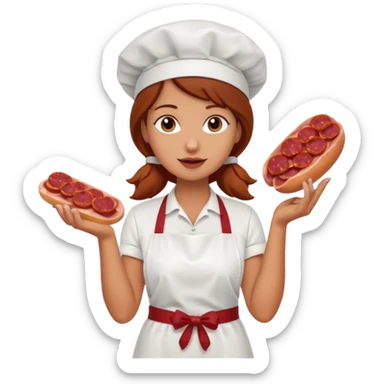 Charcuteraa con un chorizo y embutido en la mano con una redecilla en el pelo y delantal blanco sticker