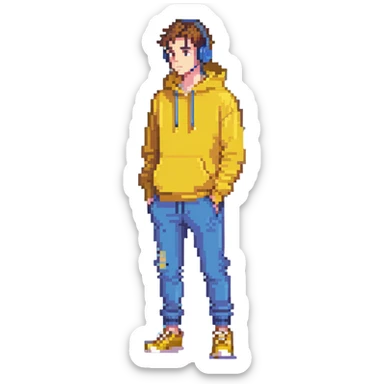 man in yellow hoodie, wearing earbuds, distrustful look, exaggerated proportions, full body sticker