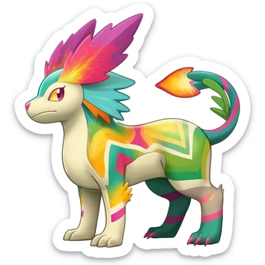 zig-zag-patterned colorful exotic fruity tribal tropical hot swirl-marked Meloetta-Dialga-Salamence-Giratina-Noivern-Pokémon-Fakémon-fusion-hybrid-creature sticker