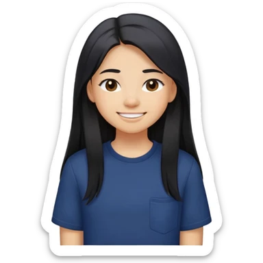 a young teenage girl with light tan skin, she is smiling with mouth closed/not showing teeth, all her hair is behind her shoulders, she has a  long black really-straight hair, dark brown eyes, navy colored oversized short-sleeved shirt. sticker