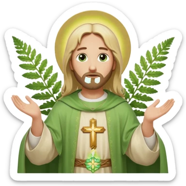 Jesus, green eyes, blonde hair, light green chasuble. opening arms, gazing thoughtfully. Soft light, subtle fern. Waist-up, profile. sticker