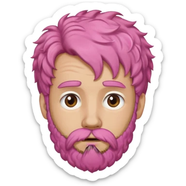 A light-skinned man with moderately curly pink hair, brown eyes, a beard, and a slightly uneasy expression. sticker