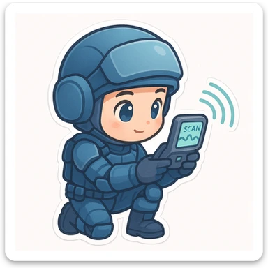 chibi sticker of a sci-fi soldier in a mostly blue uniform, kneeling and scanning with a futuristic device, big eyes, cute style, white background sticker