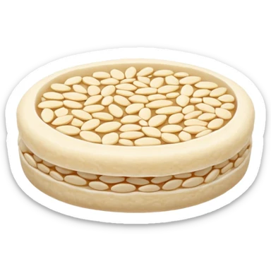 A round puffed rice cake, flat disc shape, light beige/off-white color, bumpy textured surface showing compressed puffed rice grains, crispy appearance, simple flat design, centered on transparent background. sticker