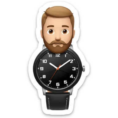 bearded man wearing a black strap watch portrait, head and shoulders only, oval face, short beard, relaxed confident look, black leather strap watch visible, 3D cartoon, mobile game icon style, clean background, no text, no watermark
 sticker