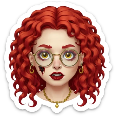 nonchalant zombie with long red curly hair, thick lashes, black square glasses, gold nose piercings on each side of her nose, and a gold eyebrow piercing. sticker