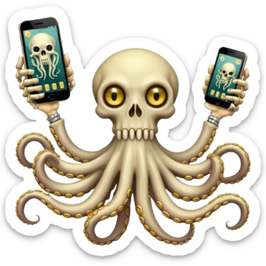 satanic octopus skeleton. Evil looking eyes, wearing a gold necklace. 2 tentacles are holding their own cellphones, 2 other tentacles are holding stacks of money sticker
