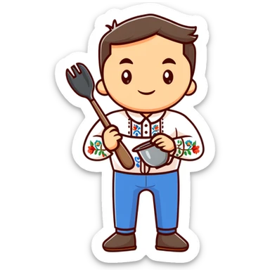 Ukrainian man in traditional white embroidered shirt holding a ladle and kitchen shears sticker