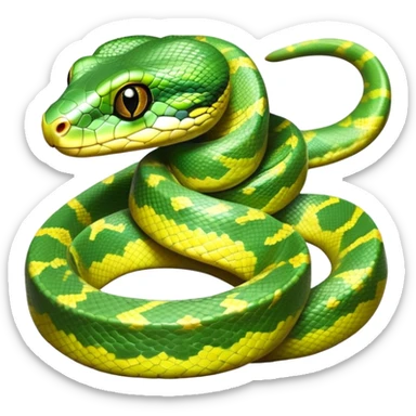 cinematic-green tree python-realistic-full-body-coiled-emoji,-thick-scaled-body-looped-tightly,-intricate-tellow and green-patterned-scales-reflecting-light,-head-tilted-dramatically,-cute-eyes-staring-calmly,-simplified-yet-realistic-focused-feature sticker