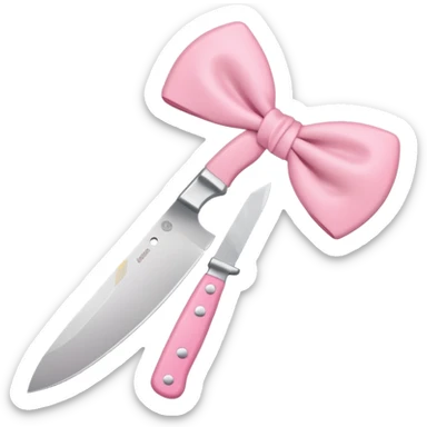 Cute emoji style illustration of a kitchen knife with a pink bow tied directly around the handle of the knife, not floating, not separate, kawaii style, rounded shapes, pastel colors, friendly look, flat vector design, white or transparent background, simple emoji icon sticker
