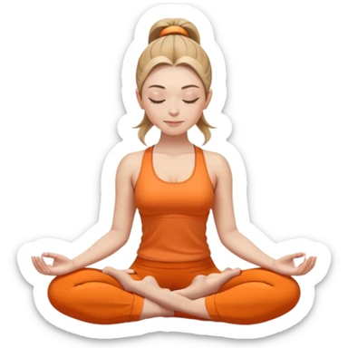 white woman with ponytail hairstyle in lotus position meditation yoga pose, closed eyes, relaxed face, wearing orange yoga outfit sticker