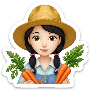girl with black hair, straw hat, holding carrots sticker