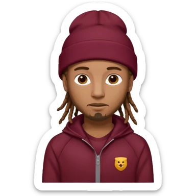 Animate a caramel skinned male with brown dreads and a tan colored  beanie with a burgundy tracksuit on with no beard  sticker
