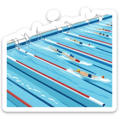 An icon featuring an Olympic swimming pool with multiple lanes and swimmers racing side by side. Splashes and lane dividers highlight the competition atmosphere. Transparent background emphasizes the energy, speed, and intensity of professional swimming events. sticker