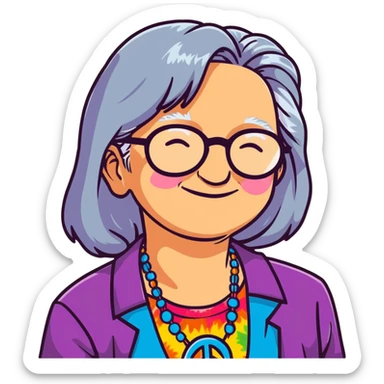 Elderly woman with long gray hair, peace sign necklace, colorful tie-dye clothing, round glasses, hippie grandma with a relaxed smile sticker