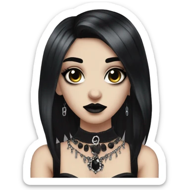 Goth girl, with black hair, black makeup, jewellery, a black corset, and piercings sticker