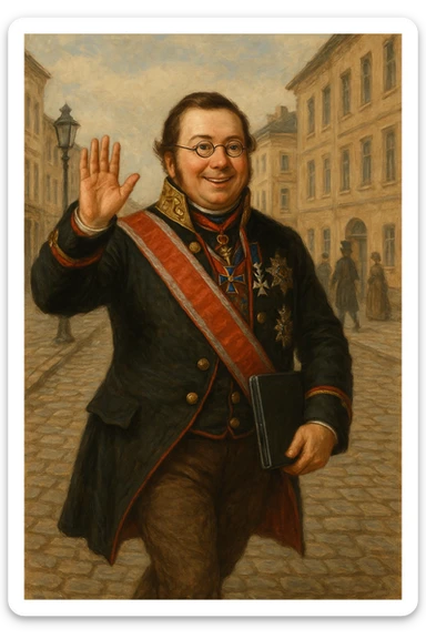 Павел Николаевич Демидов идёт с закрытым ноутбуком по улице города 19 века в руках улыбается и машет рукой вперед, рисованный стиль sticker